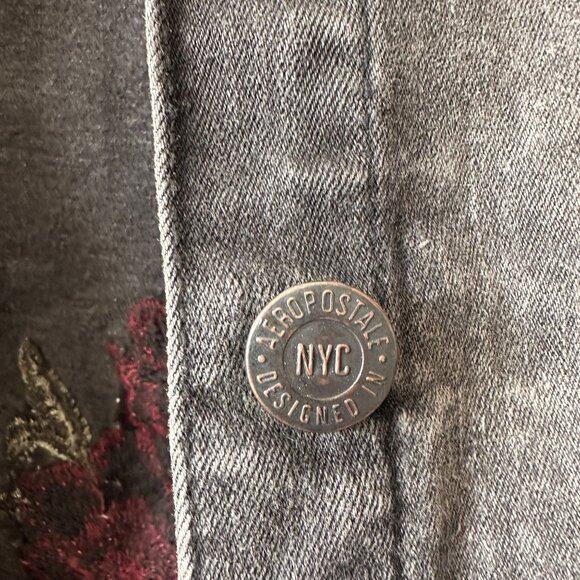 Aeropostale Black Denim Jacket XS With Red Floral Embroidery Button-Down - Picture 6 of 8